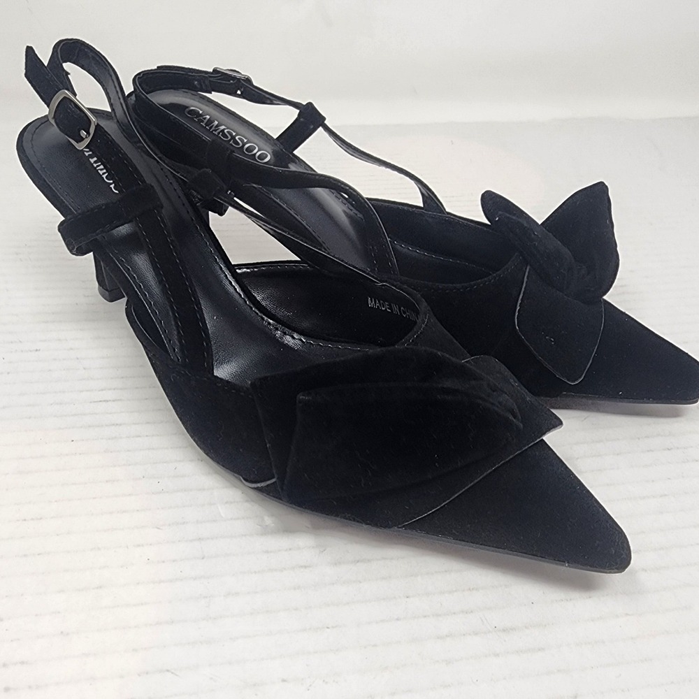 CAMSCOO Black Suede Pointed Toe Slingback Bow Kitten Heels Women Size 7.5 - Picture 12 of 12
